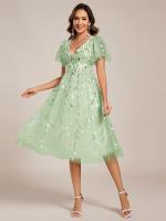 Robe d'invité de mariage formelle mi-longue à paillettes et feuilles à manches courtes #Couleur_Menthe Verte