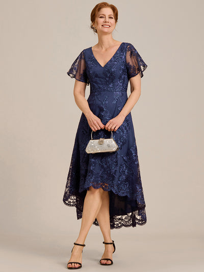 ever TIDAL|Robe invitée mariage mi-longue à manches courtes et col en V double en maille brodée