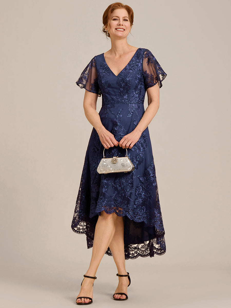 Robe d'invitée de mariage mi-longue à manches courtes et col en V double en maille brodée? #Couleur_Bleu Marine