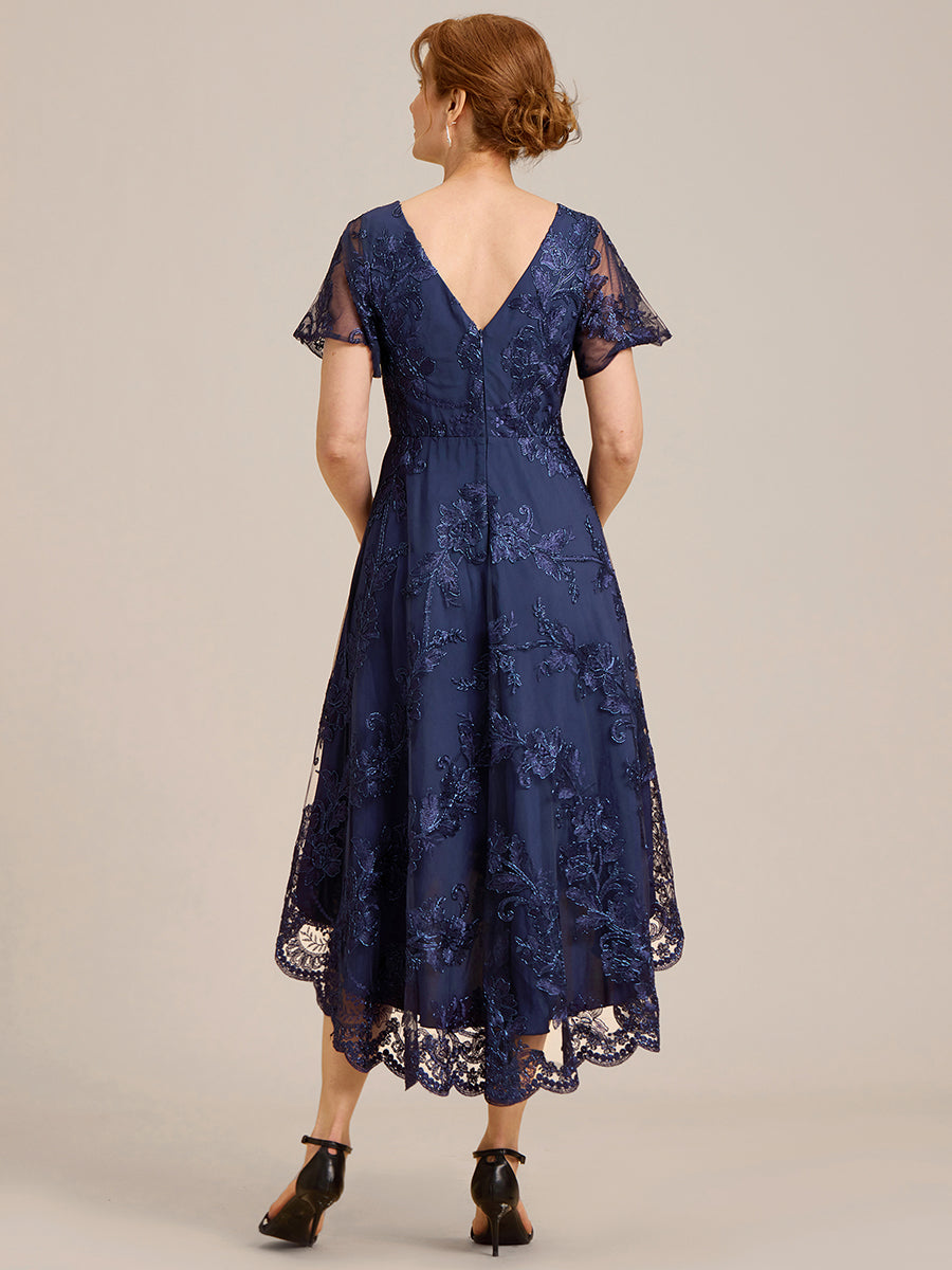Robe d'invitée de mariage mi-longue à manches courtes et col en V double en maille brodée? #Couleur_Bleu Marine