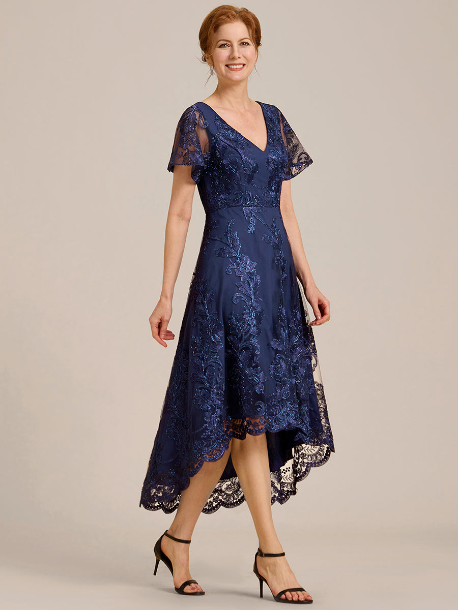 Robe d'invitée de mariage mi-longue à manches courtes et col en V double en maille brodée? #Couleur_Bleu Marine