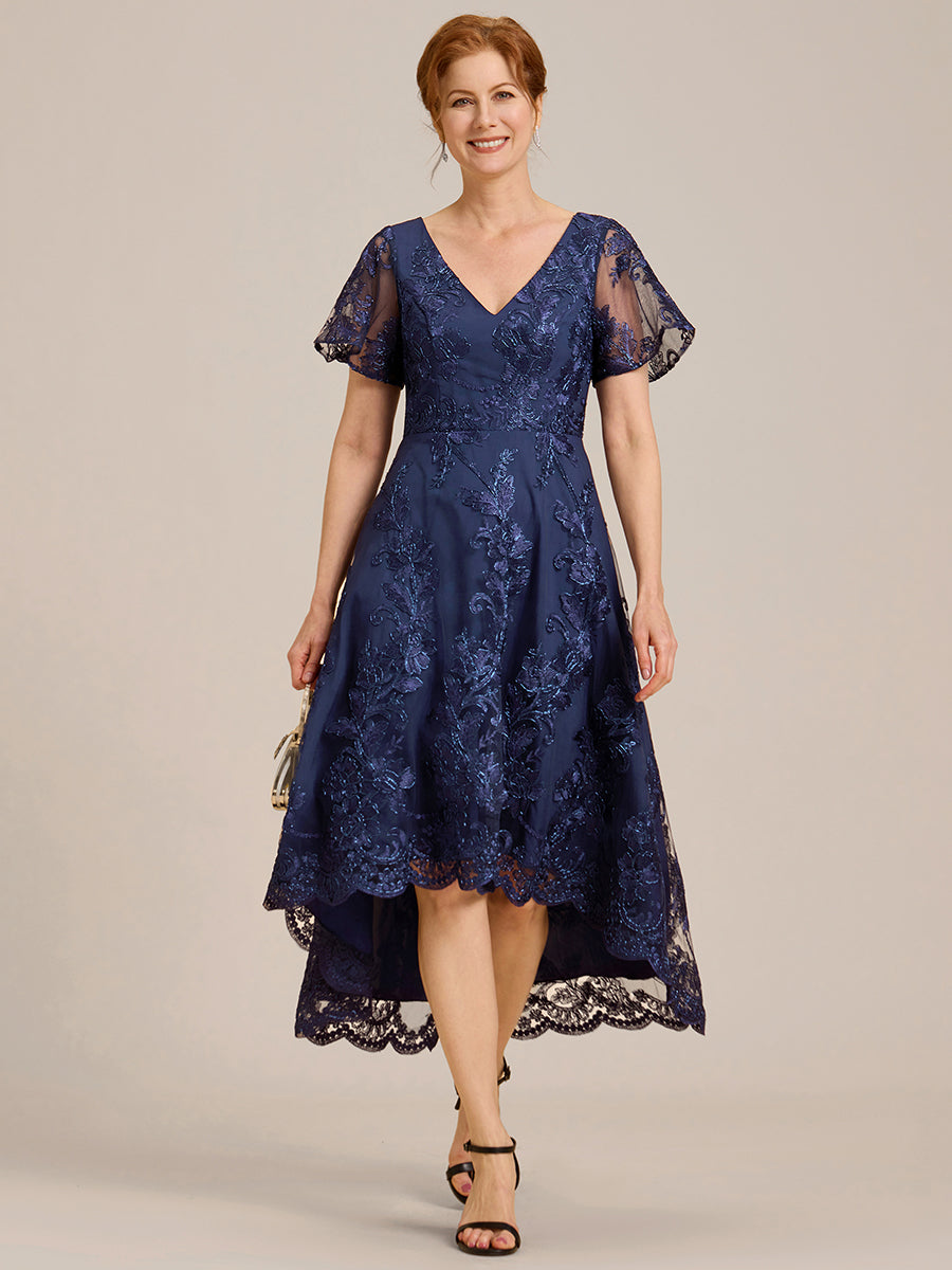 Robe d'invitée de mariage mi-longue à manches courtes et col en V double en maille brodée? #Couleur_Bleu Marine