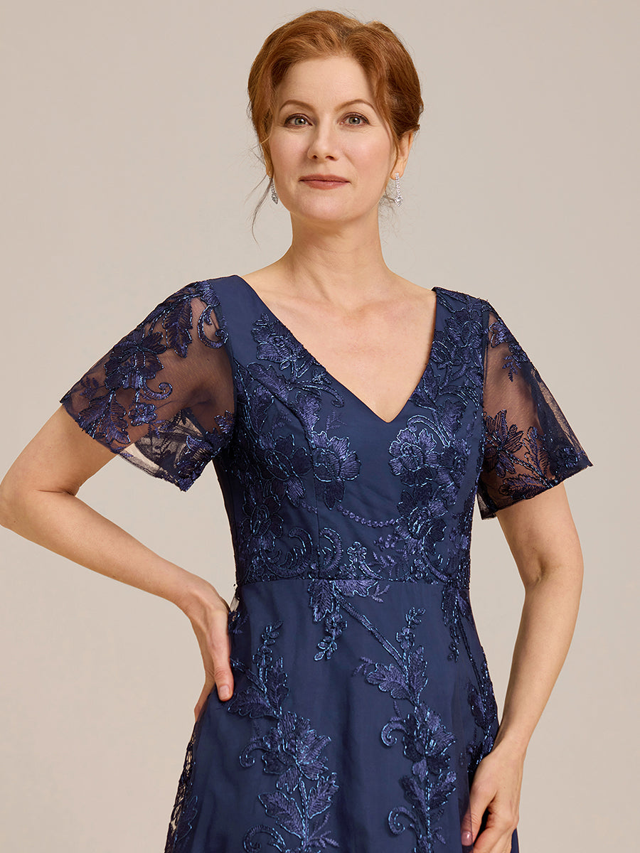 Robe d'invitée de mariage mi-longue à manches courtes et col en V double en maille brodée? #Couleur_Bleu Marine