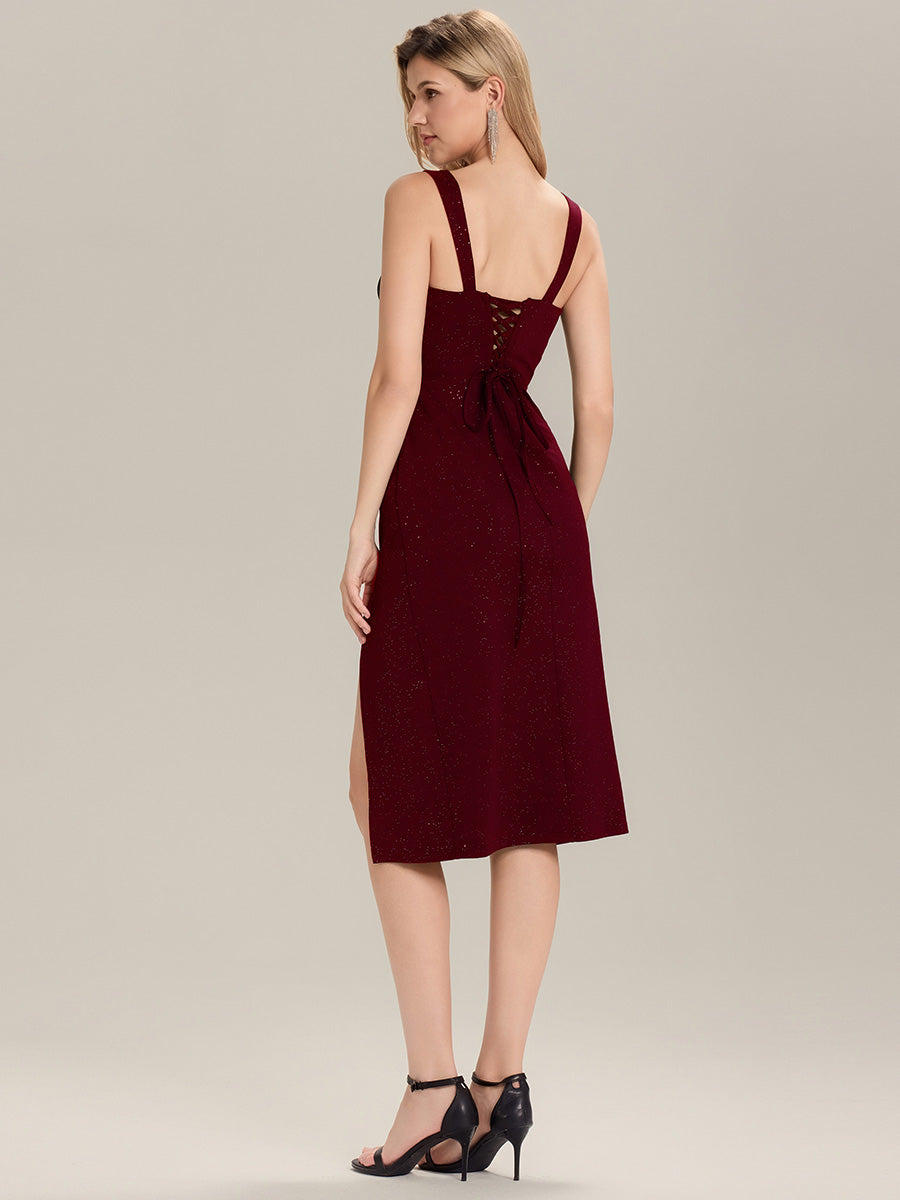 Robe d'invitée de mariage sans manches en tricot à nouer sur le devant #Couleur_Bordeaux