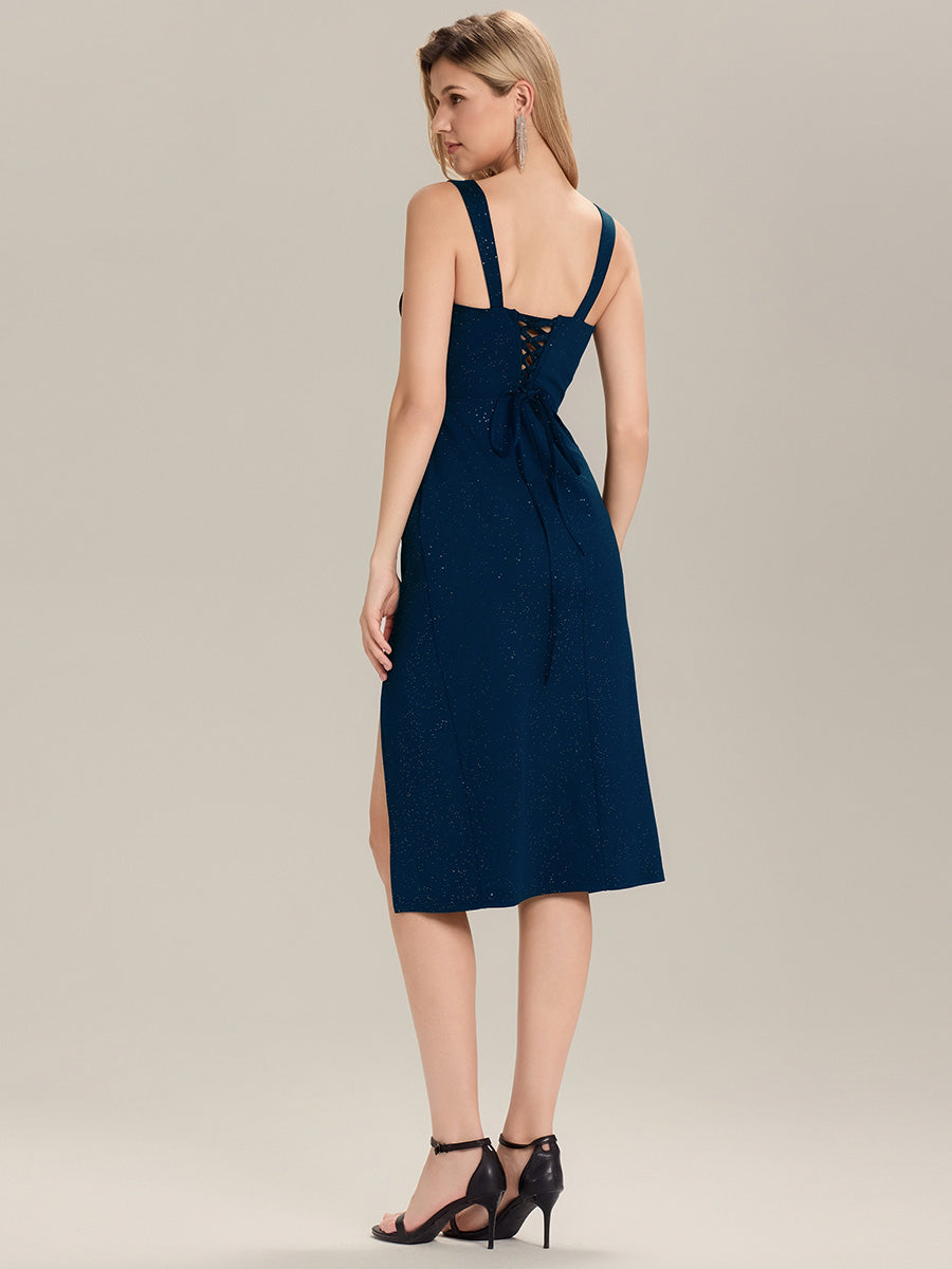 Robe d'invitée de mariage sans manches en tricot à nouer sur le devant #Couleur_Bleu Marine