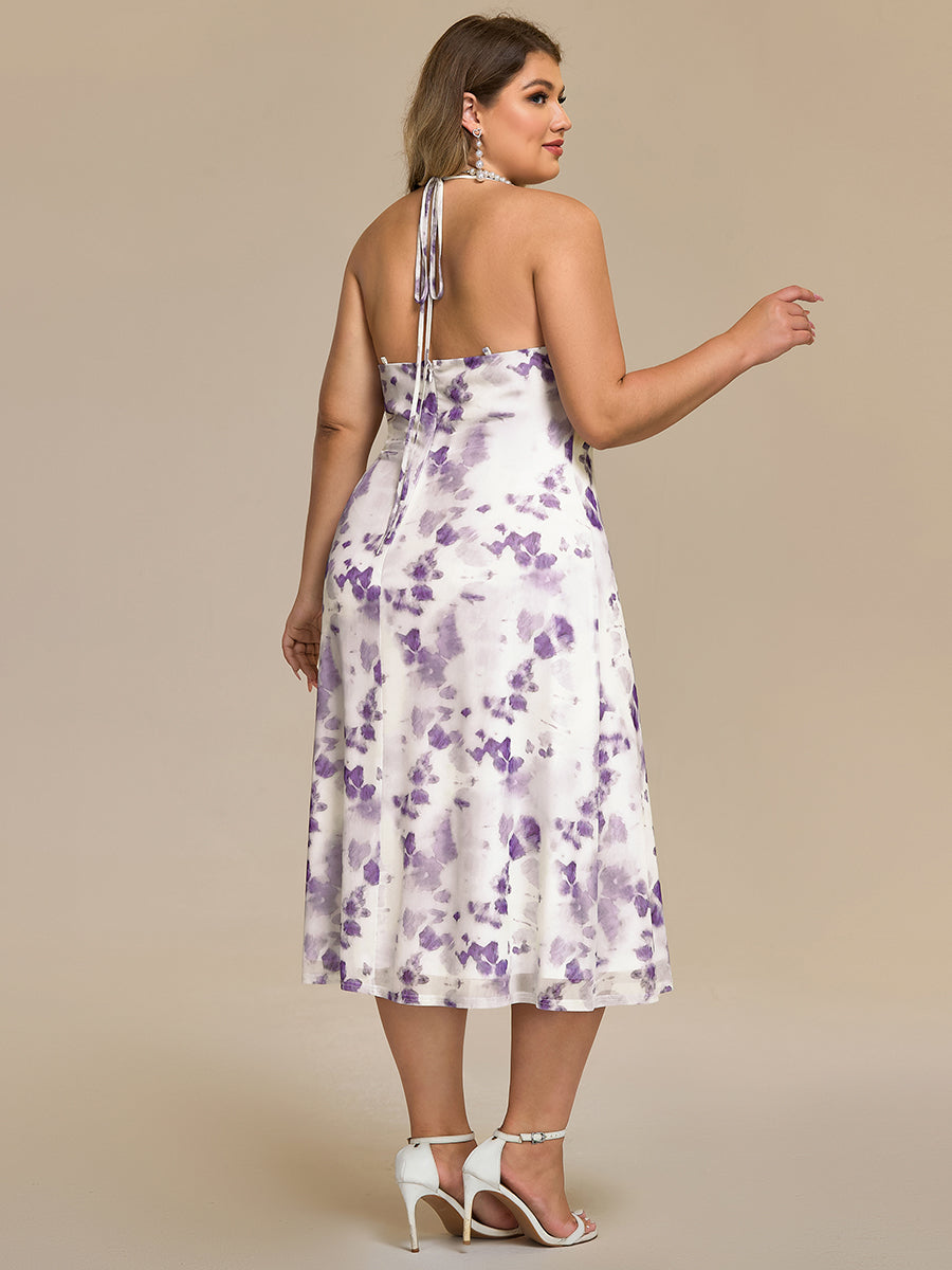 Robe d'invité de mariage trapèze en mousseline fluide à encolure ronde et longueur au genou #Couleur_Imprimé lilas clair