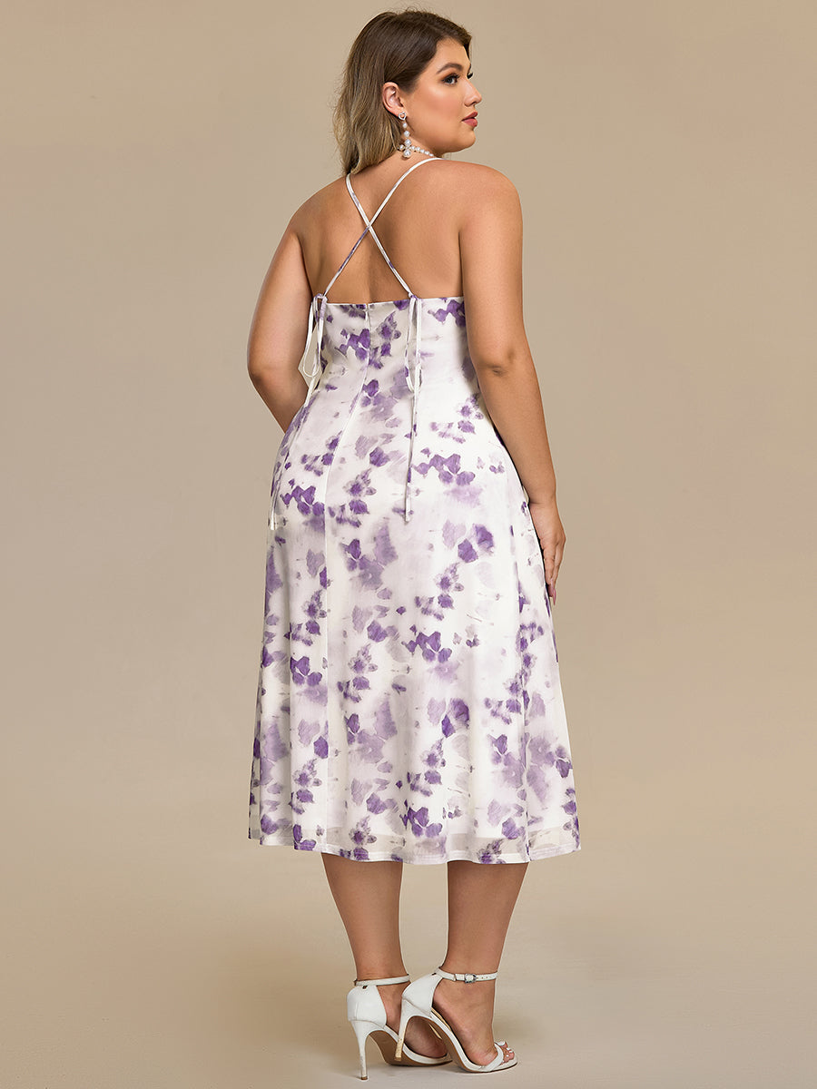 Robe d'invité de mariage trapèze en mousseline fluide à encolure ronde et longueur au genou #Couleur_Imprimé lilas clair