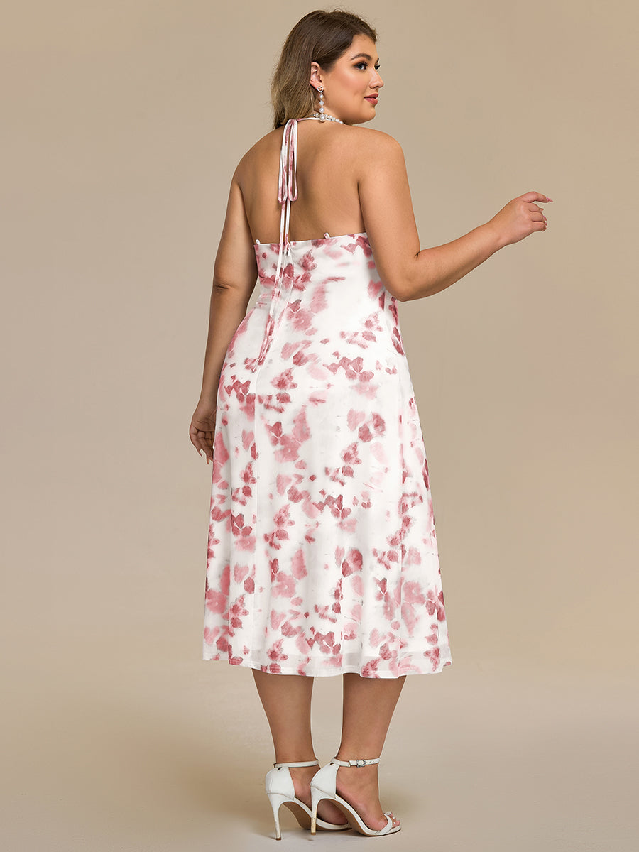 Robe d'invité de mariage trapèze en mousseline fluide à encolure ronde et longueur au genou #Couleur_Imprimé rouge brique