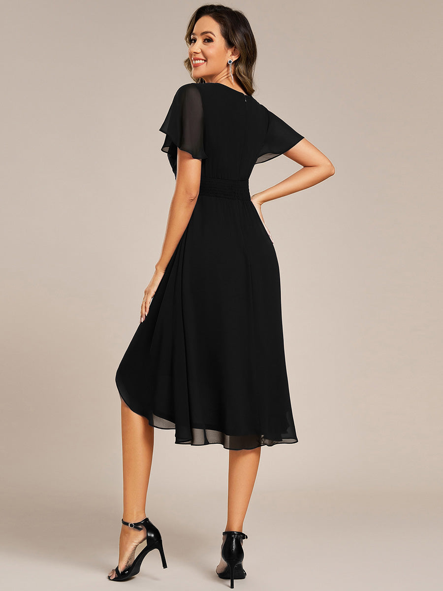 Robe D'invité De Mariage En Mousseline De Soie Mi-Longue Plissée à Manches à Volants Et Col En V  #Couleur_Noir