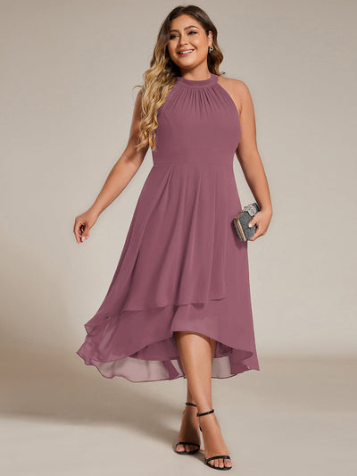 pretty POSIE|Grande Taille Robe d'invité de mariage mi-longue sans manches et col licou en mousseline de soie
