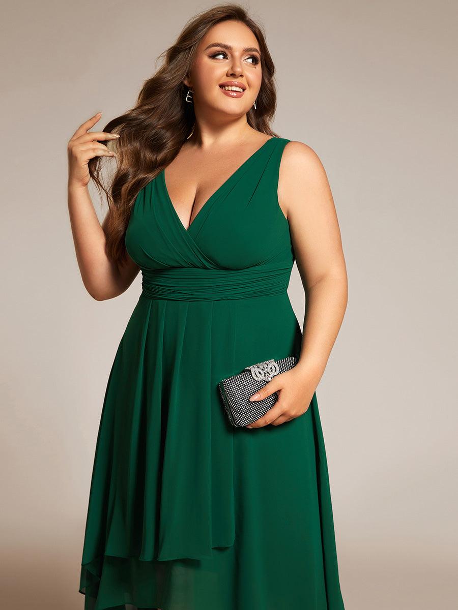Robe d'invité de mariage élégante en mousseline de soie plissée sans manches à col en V #Couleur_Vert Fonce