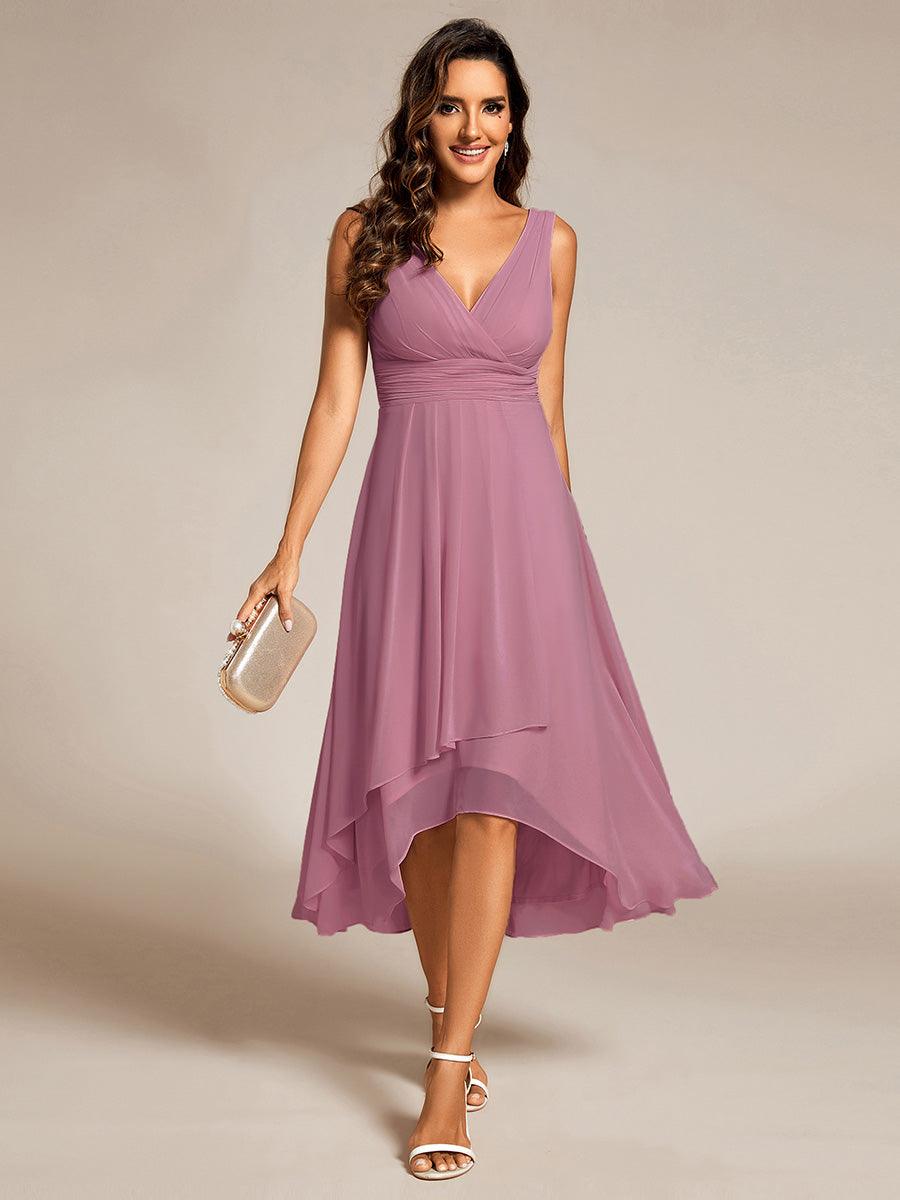 Robe d'invité de mariage élégante en mousseline de soie plissée sans manches à col en V #Couleur_Orchidee