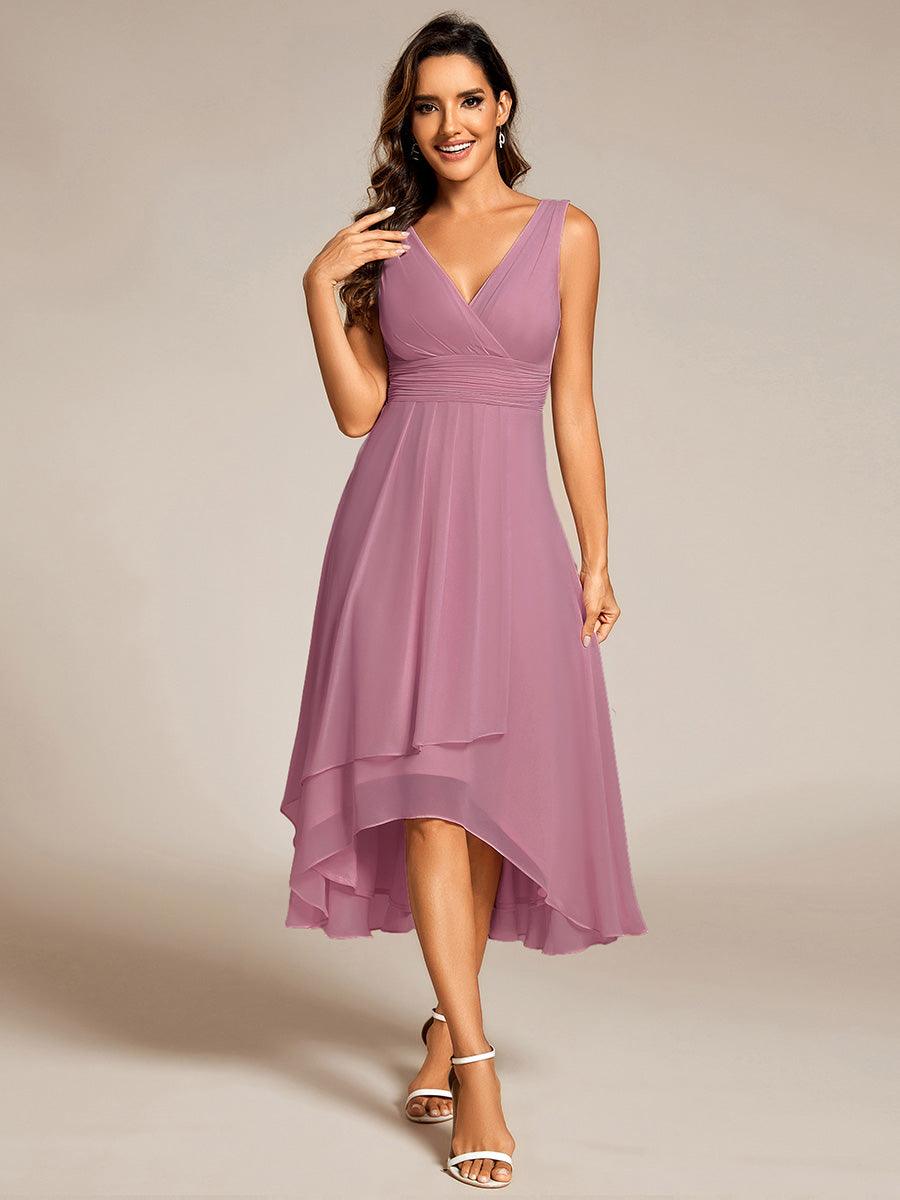 Robe d'invité de mariage élégante en mousseline de soie plissée sans manches à col en V #Couleur_Orchidee