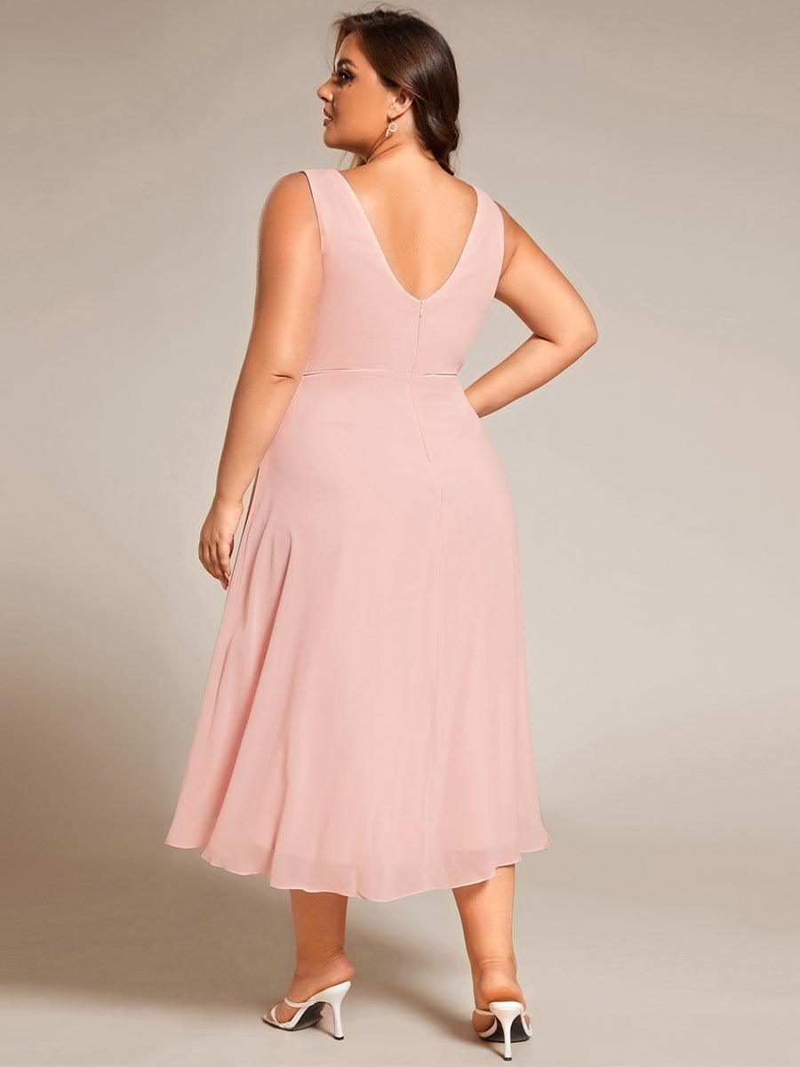 Robe d'invité de mariage élégante en mousseline de soie plissée sans manches à col en V #Couleur_Rose