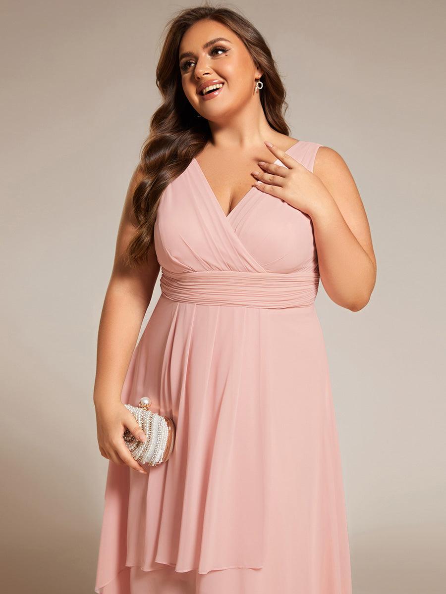Robe d'invité de mariage élégante en mousseline de soie plissée sans manches à col en V #Couleur_Rose