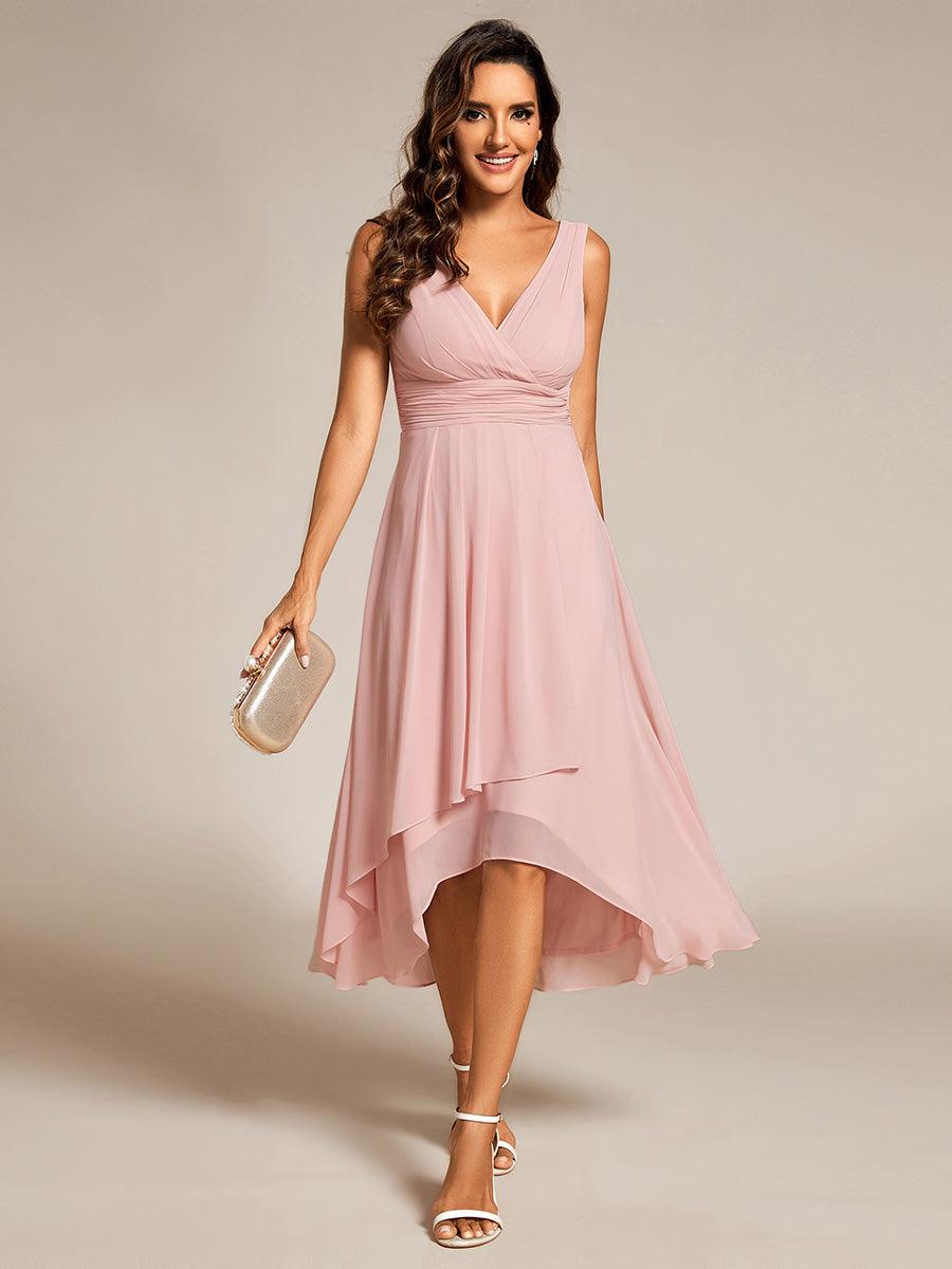 Robe d'invité de mariage élégante en mousseline de soie plissée sans manches à col en V #Couleur_Rose