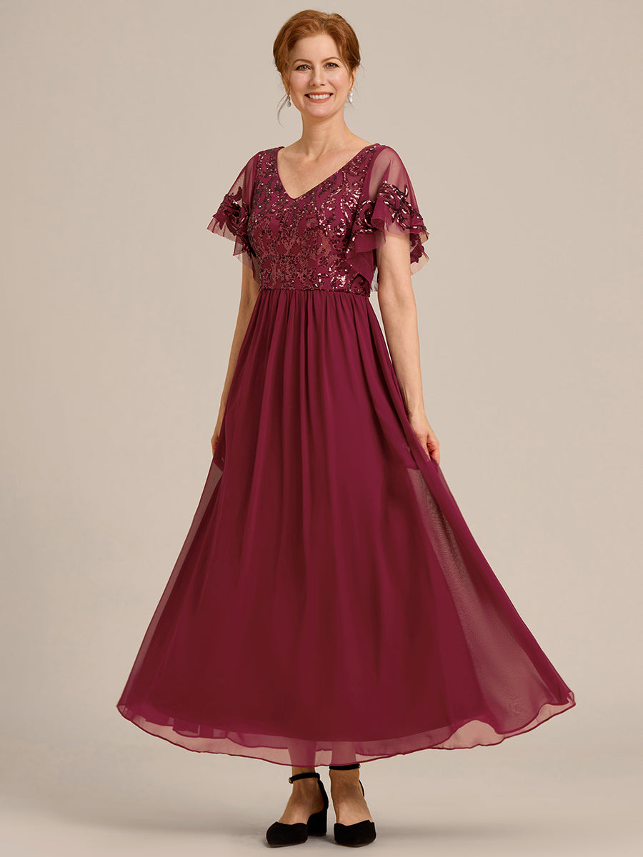 Robe Mère de la Mariée en mousseline à manches courtes et encolure en V #Couleur_Bordeaux