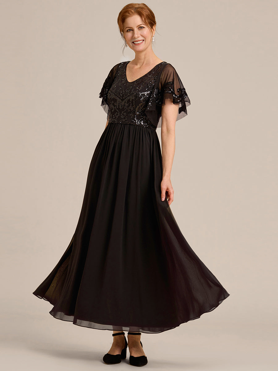 Robe Mère de la Mariée en mousseline à manches courtes et encolure en V #Couleur_Noir