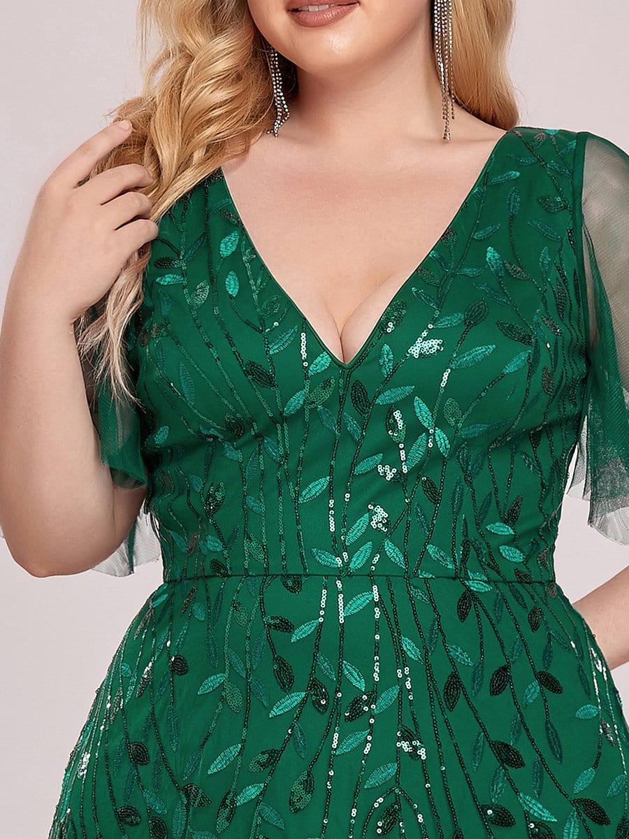 Robe d'Invité de Superbe Mariage Longue à Col en V et Manches à Volants #Couleur_Vert Fonce