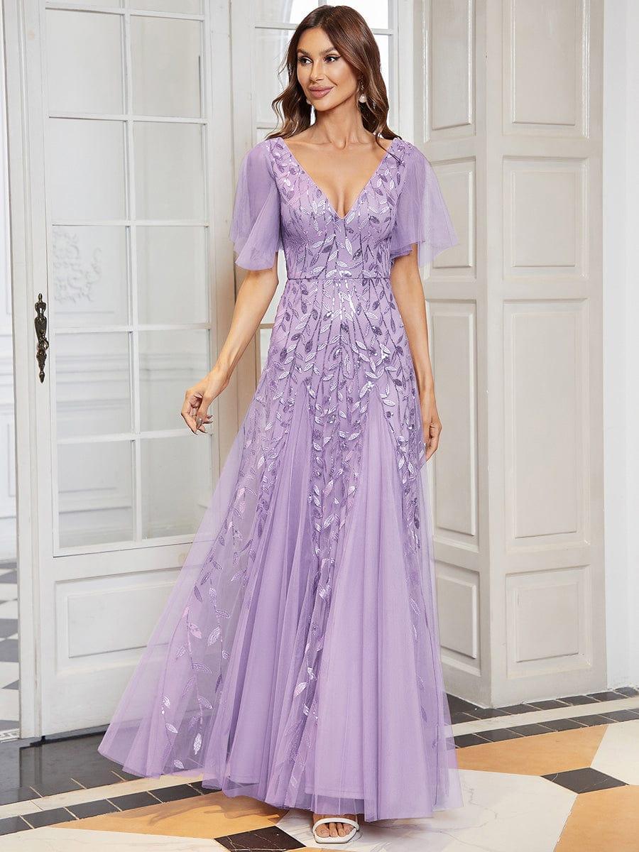Robe d'Invité de Superbe Mariage Longue à Col en V et Manches à Volants #Couleur_Lavande