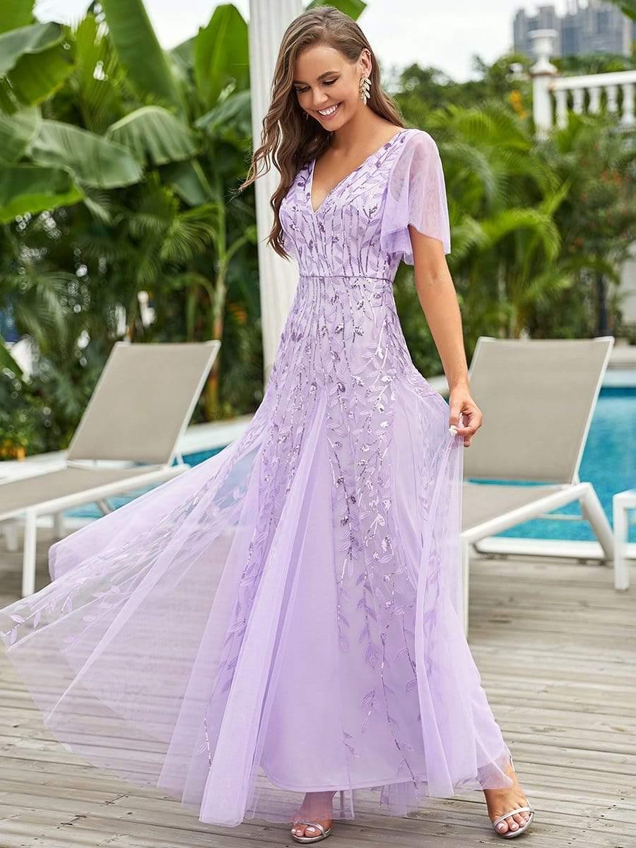 Robe d'Invité de Superbe Mariage Longue à Col en V et Manches à Volants #Couleur_Lavande