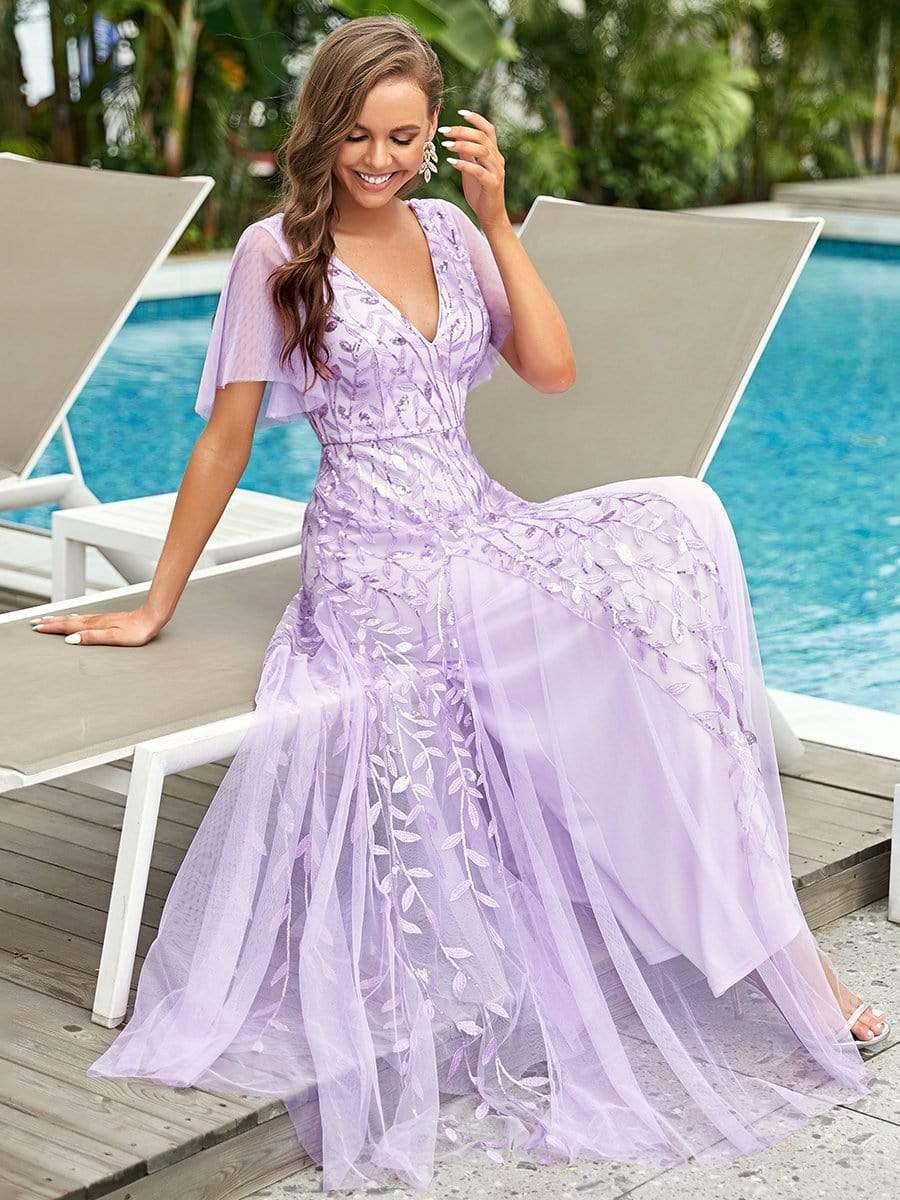 Robe d'Invité de Superbe Mariage Longue à Col en V et Manches à Volants #Couleur_Lavande