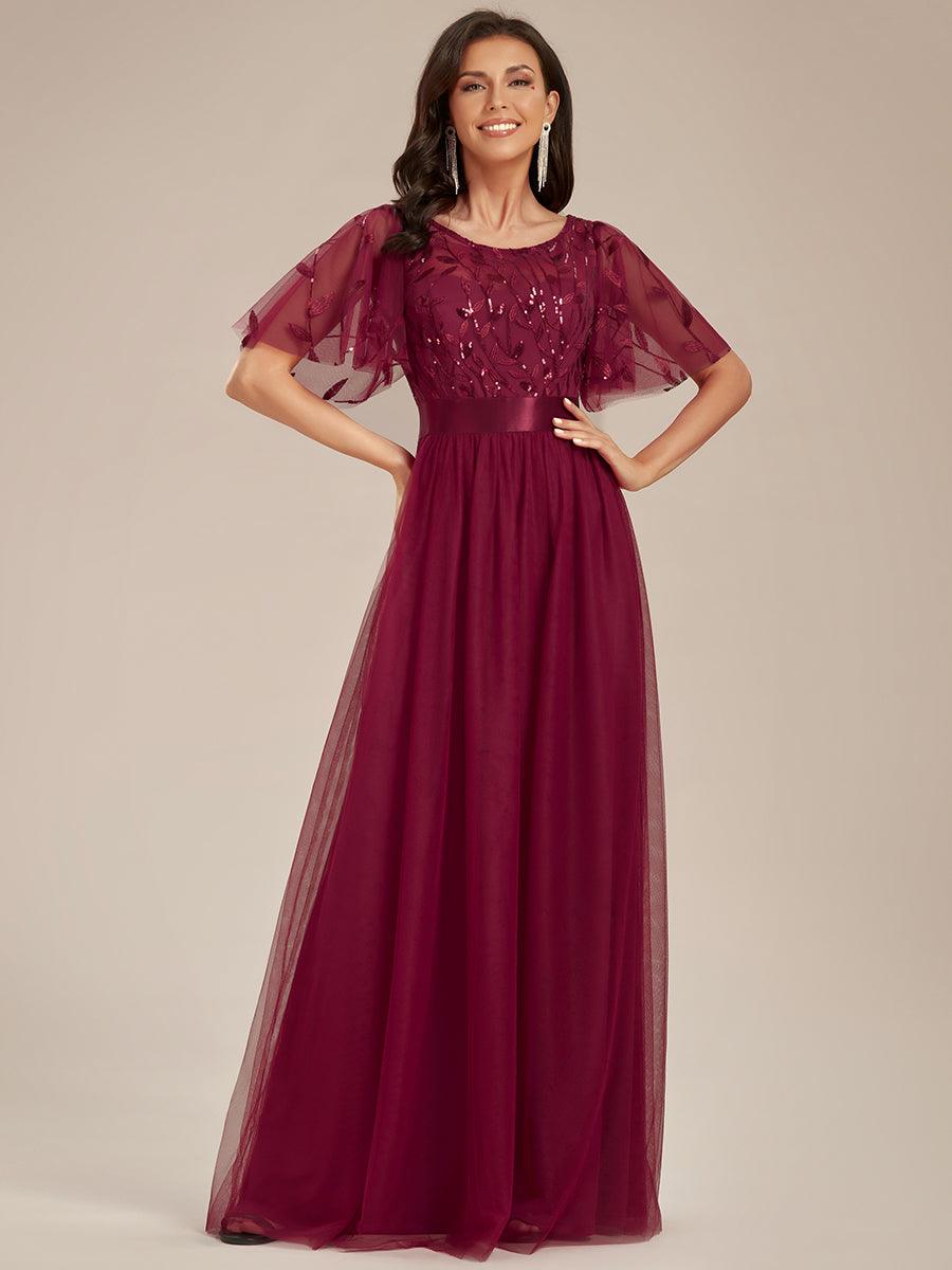 Robes de soirée brodées à manches courtes A-Line pour femmes #Couleur_Bordeaux