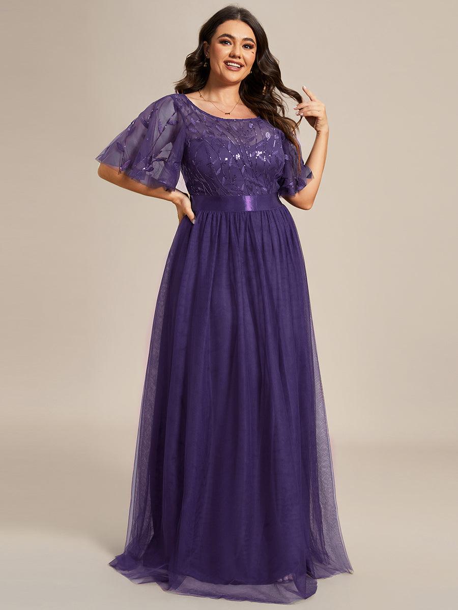Robe de soirée brodée à manches courtes pour femmes de Grande taille #Couleur_Violet Fonce