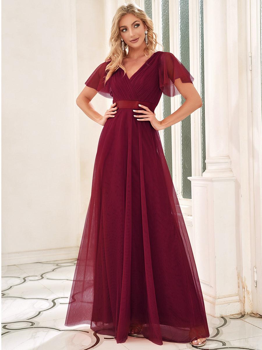 Robe mariage invitée à manches courtes et à double col V pour femmes #Couleur_Bordeaux