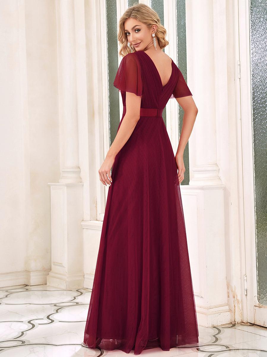 Robe mariage invitée à manches courtes et à double col V pour femmes #Couleur_Bordeaux