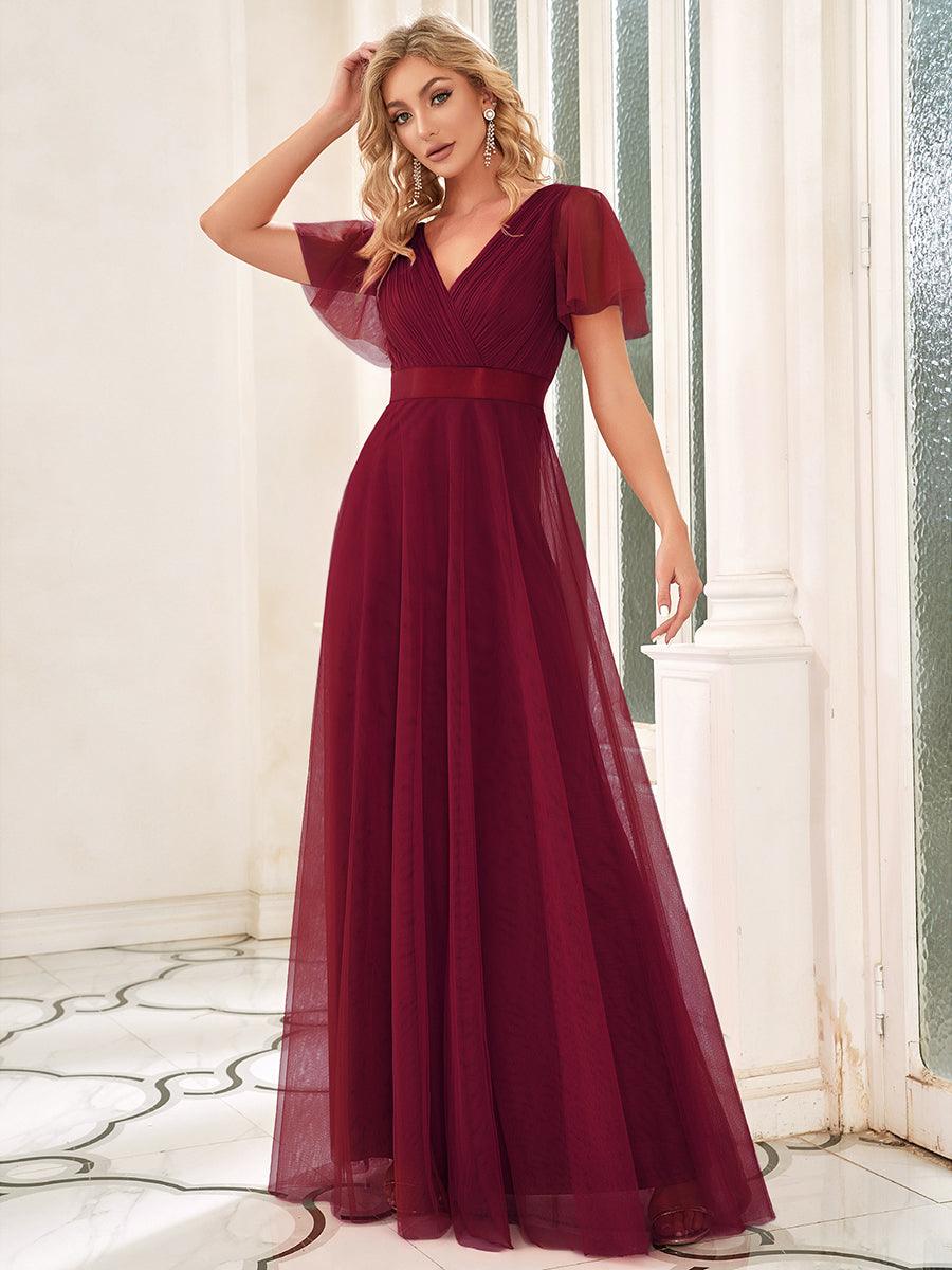 Robe mariage invitée à manches courtes et à double col V pour femmes #Couleur_Bordeaux