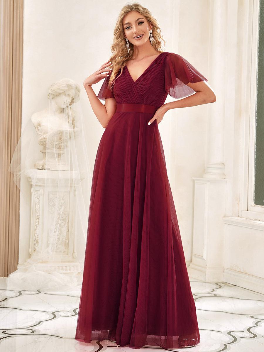 Robe mariage invitée à manches courtes et à double col V pour femmes #Couleur_Bordeaux