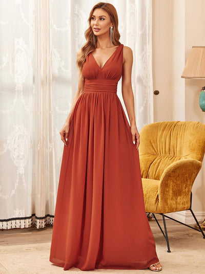 ever HUSH|Robe de demoiselle d'honneur longue en mousseline à col en V et coupe trapèze