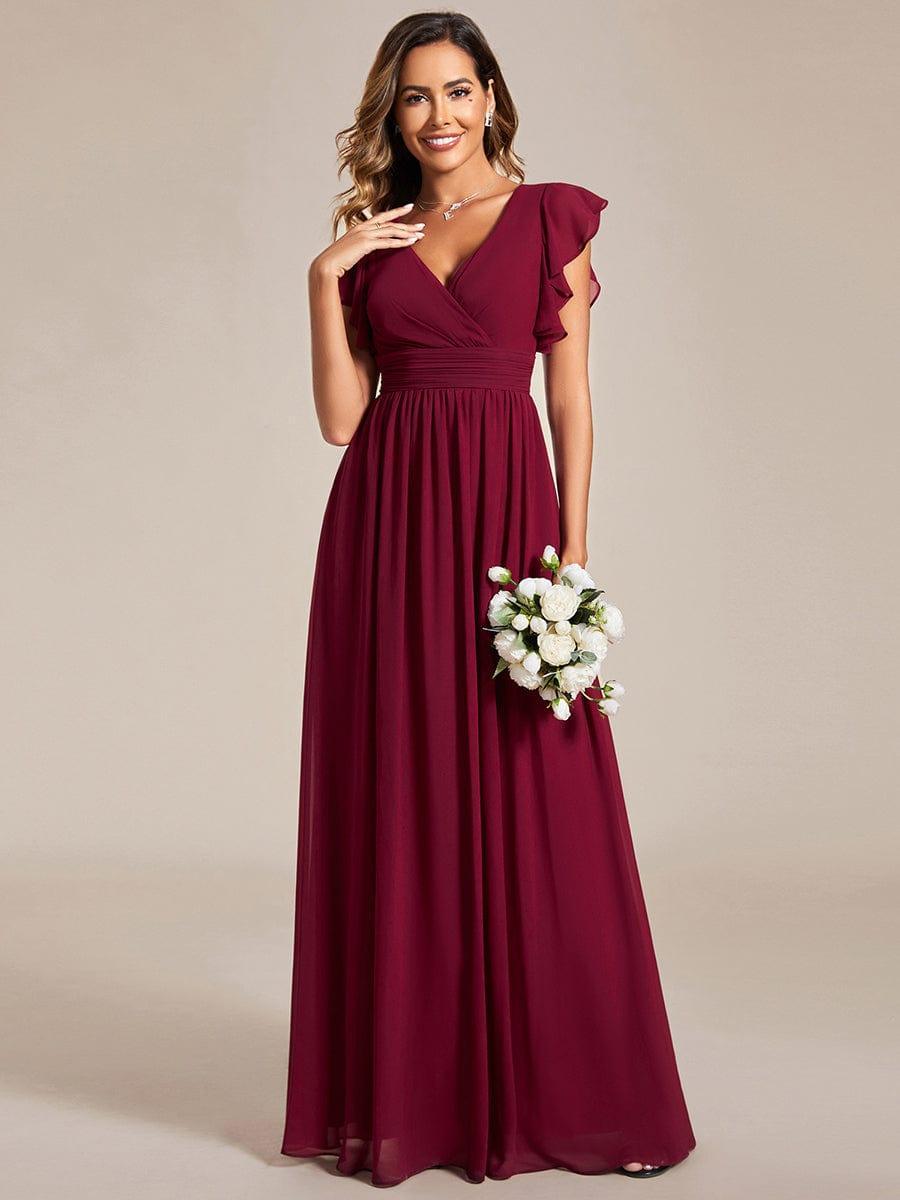 Robe demoiselle d'honneur en mousseline manches plissées avec découpe au dos #Couleur_Bordeaux