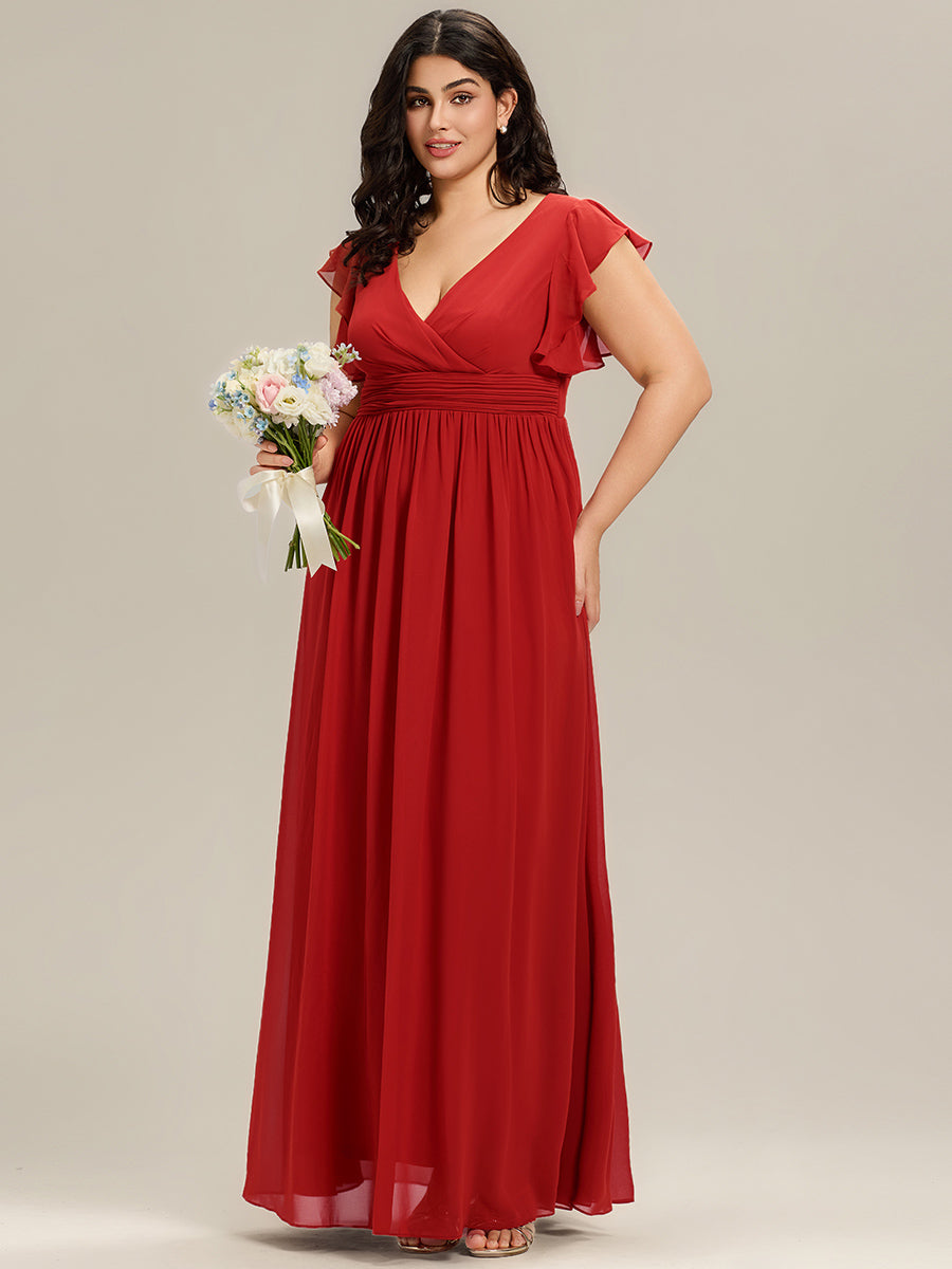Robe demoiselle d'honneur Curvy mousseline manches plissées avec découpe au dos #Couleur_Rouge