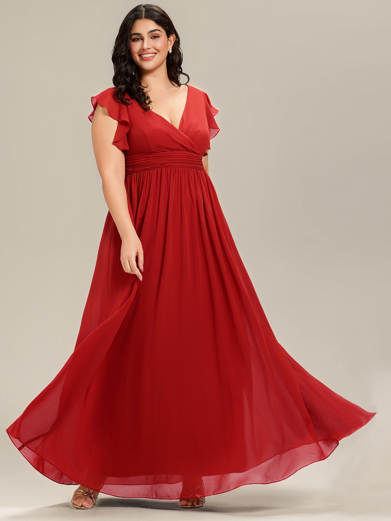 Robe demoiselle d'honneur Curvy mousseline manches plissées avec découpe au dos #Couleur_Rouge