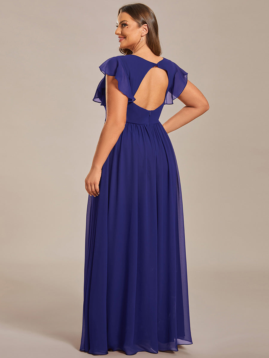 Robe demoiselle d'honneur en mousseline manches plissées avec découpe au dos #Couleur_Bleu Saphir