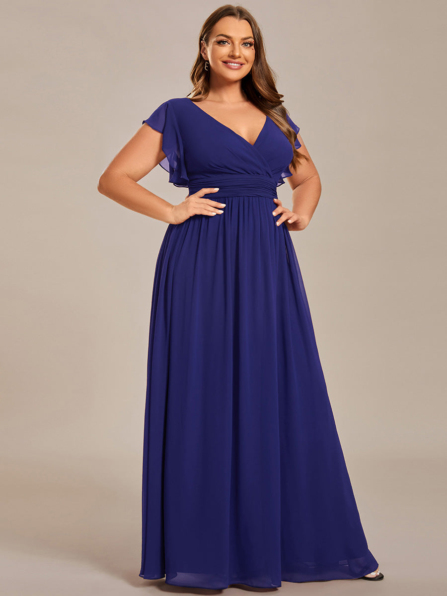 Robe demoiselle d'honneur en mousseline manches plissées avec découpe au dos #Couleur_Bleu Saphir