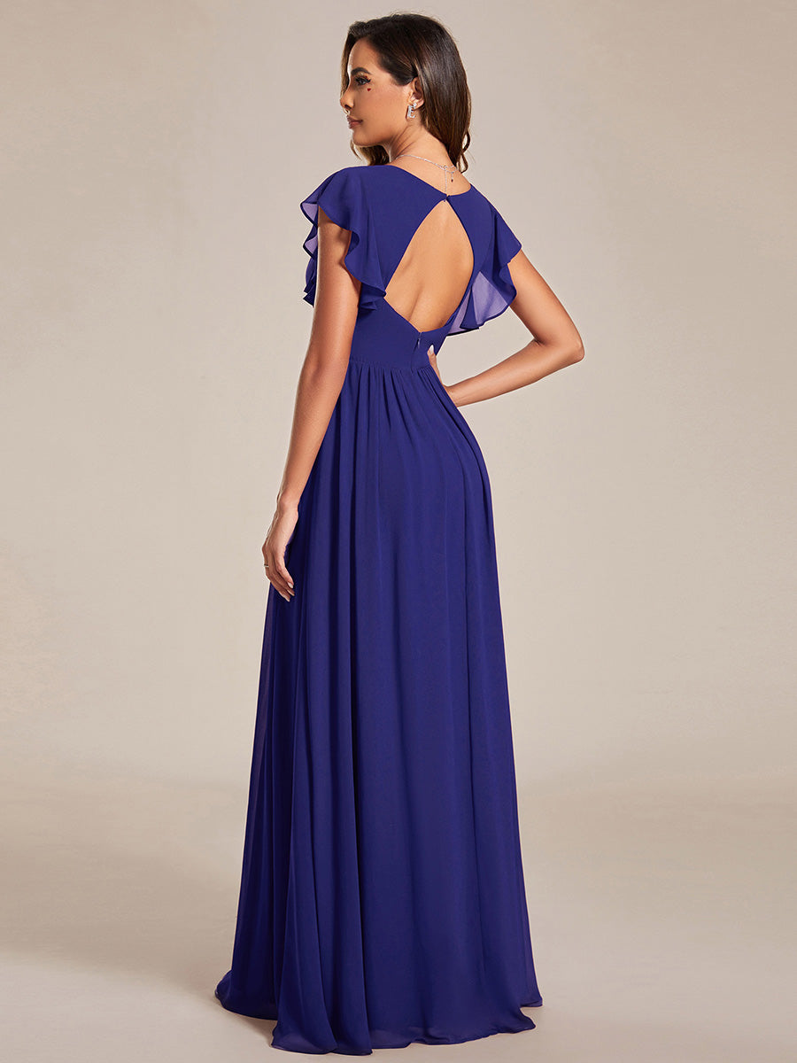 Robe demoiselle d'honneur en mousseline manches plissées avec découpe au dos #Couleur_Bleu Saphir