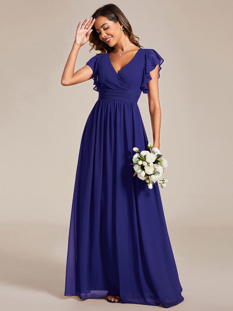Robe demoiselle d'honneur en mousseline manches plissées avec découpe au dos #Couleur_Bleu Saphir