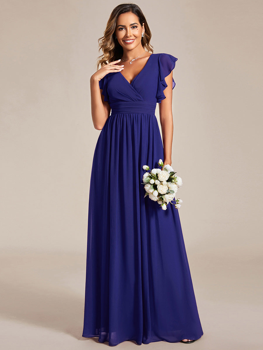 Robe demoiselle d'honneur en mousseline manches plissées avec découpe au dos #Couleur_Bleu Saphir