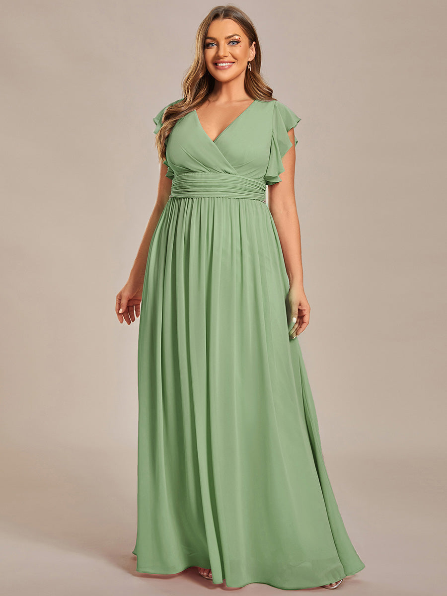 Robe demoiselle d'honneur en mousseline manches plissées avec découpe au dos #Couleur_Vert sauge
