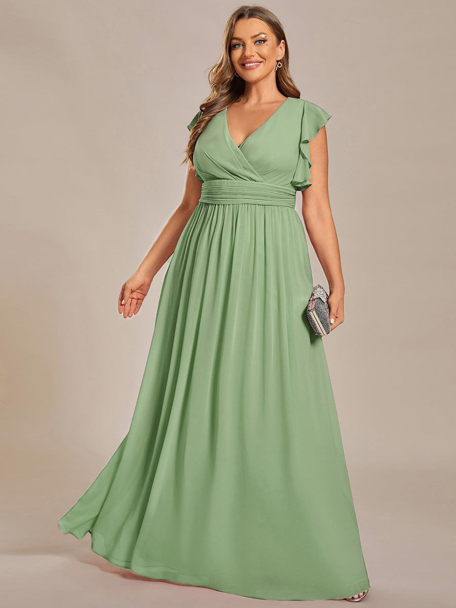 Robe demoiselle d'honneur en mousseline manches plissées avec découpe au dos #Couleur_Vert sauge