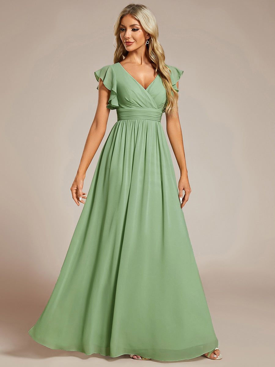 Robe demoiselle d'honneur en mousseline manches plissées avec découpe au dos #Couleur_Vert sauge