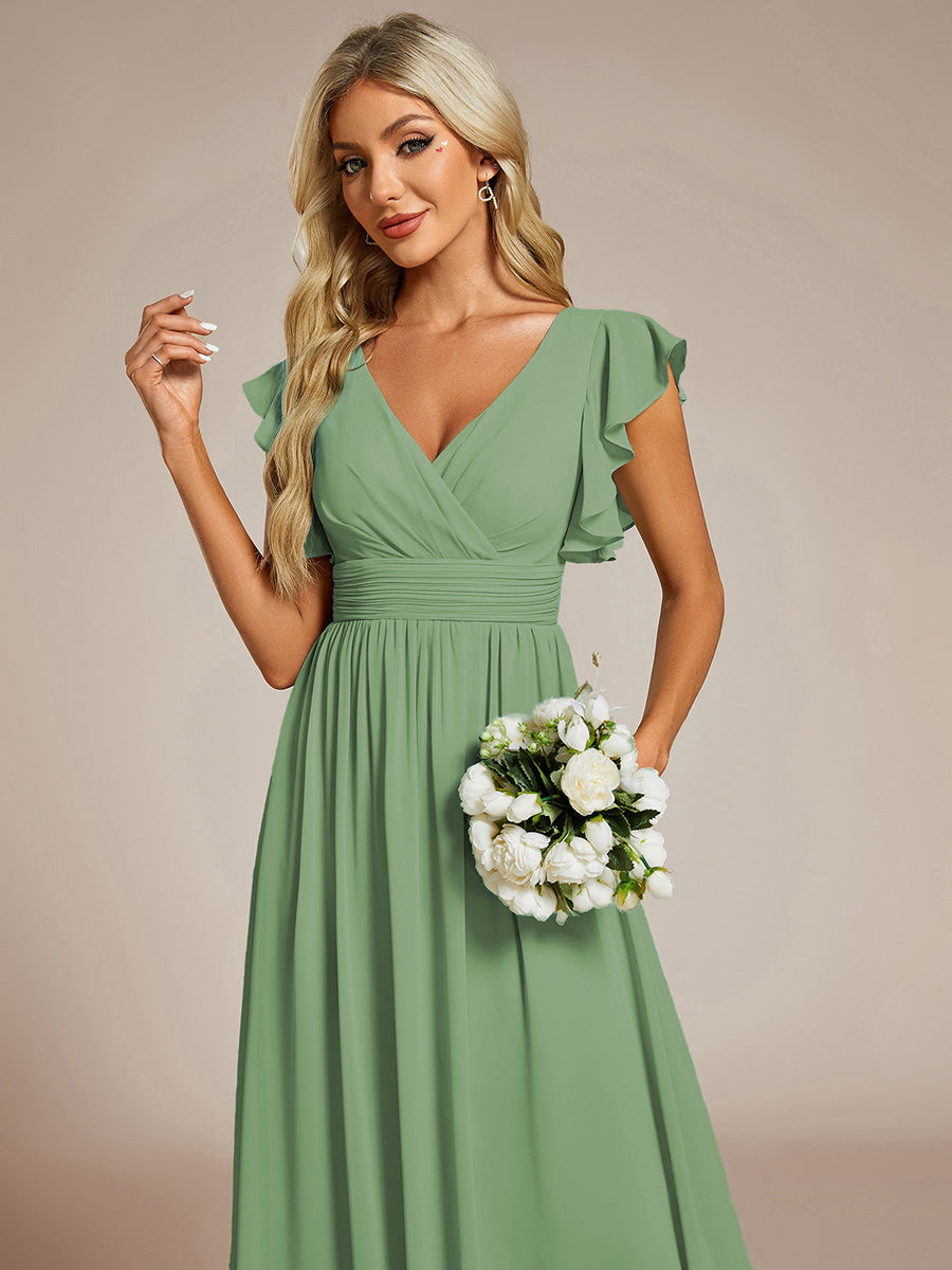 Robe demoiselle d'honneur en mousseline manches plissées avec découpe au dos #Couleur_Vert sauge