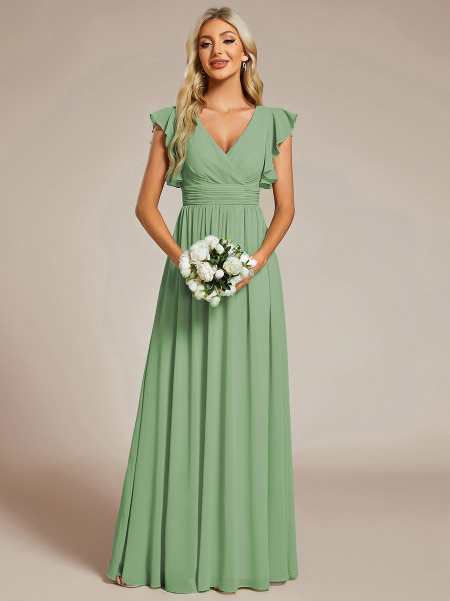 Robe demoiselle d'honneur en mousseline manches plissées avec découpe au dos #Couleur_Vert sauge