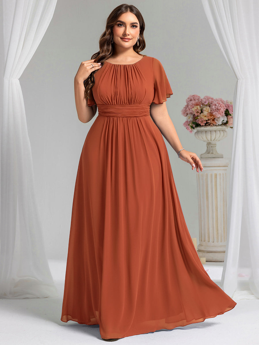 Robe de demoiselle d'honneur trapèze plissée en mousseline de soie simple, encolure ronde #Couleur_Burnt Orange