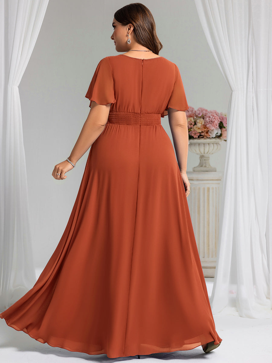 Robe de demoiselle d'honneur trapèze plissée en mousseline de soie simple, encolure ronde #Couleur_Burnt Orange
