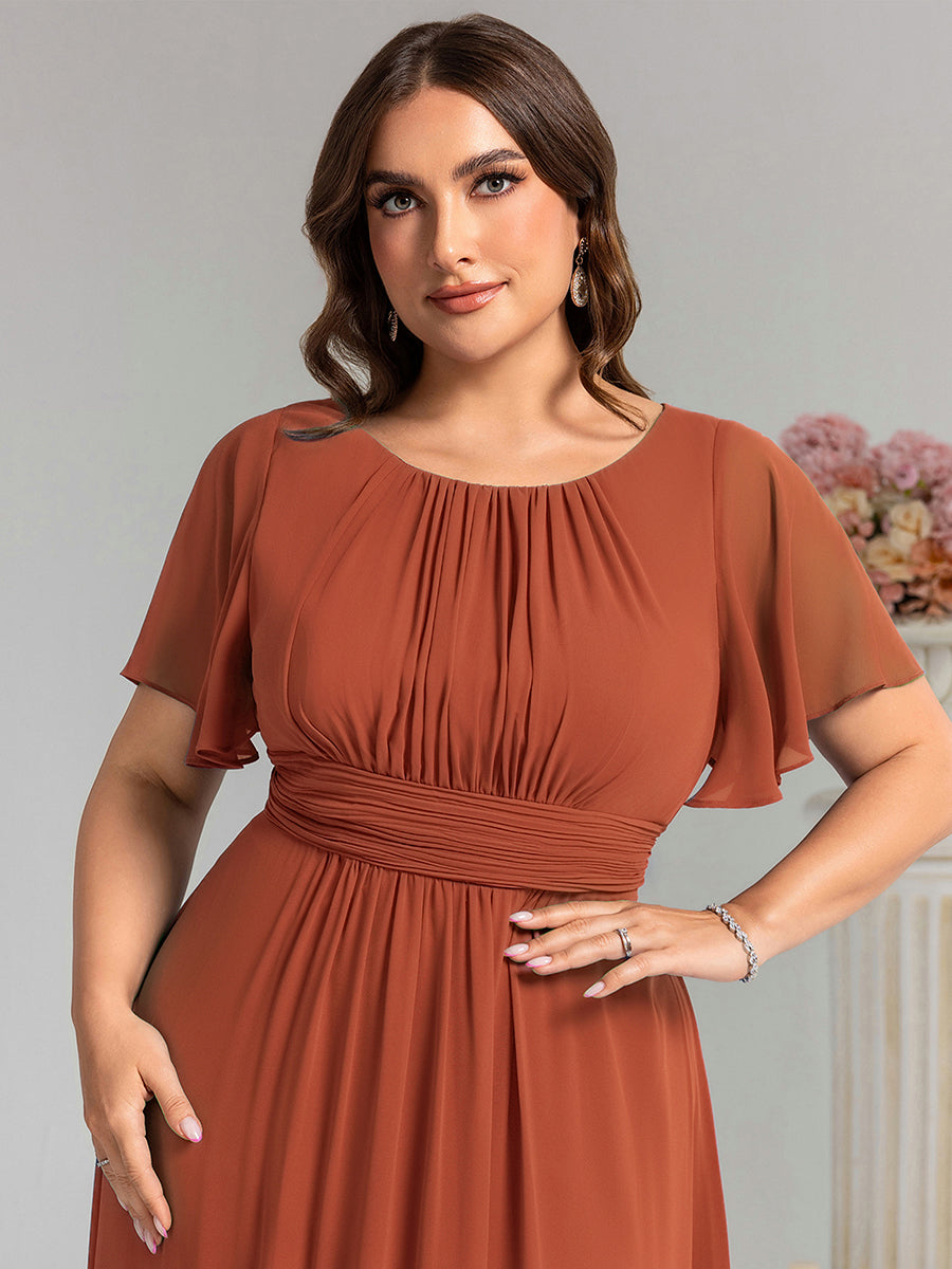 Robe de demoiselle d'honneur trapèze plissée en mousseline de soie simple, encolure ronde #Couleur_Burnt Orange