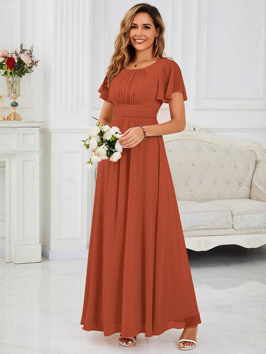 Robe de demoiselle d'honneur trapèze plissée en mousseline de soie simple, encolure ronde #Couleur_Burnt Orange